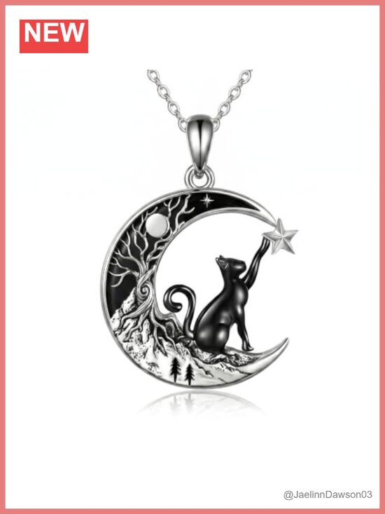 Jewelry - Crescent Moon Black Cat Pendant Necklace Tree of Life Gothic Jewelry Gift